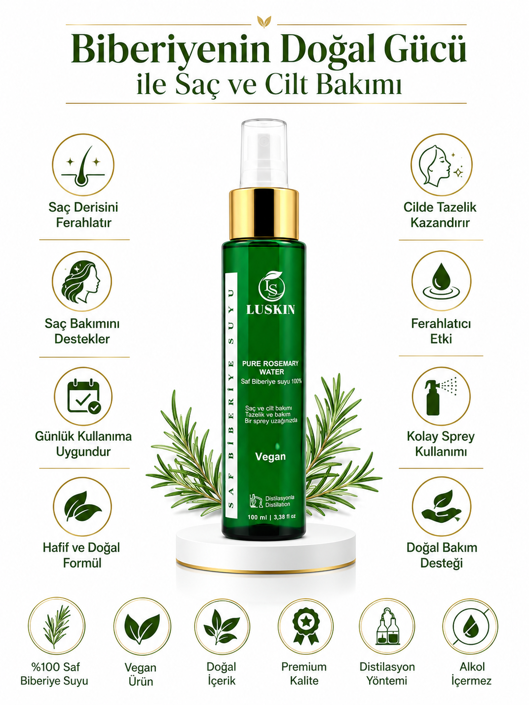 LUKSKIN Biberiye Suyu Dökülme Karşıtı ve Saç Uzamasını Destekleyici ,Saç Toniği %100 Doğal ve Saf 100 ml